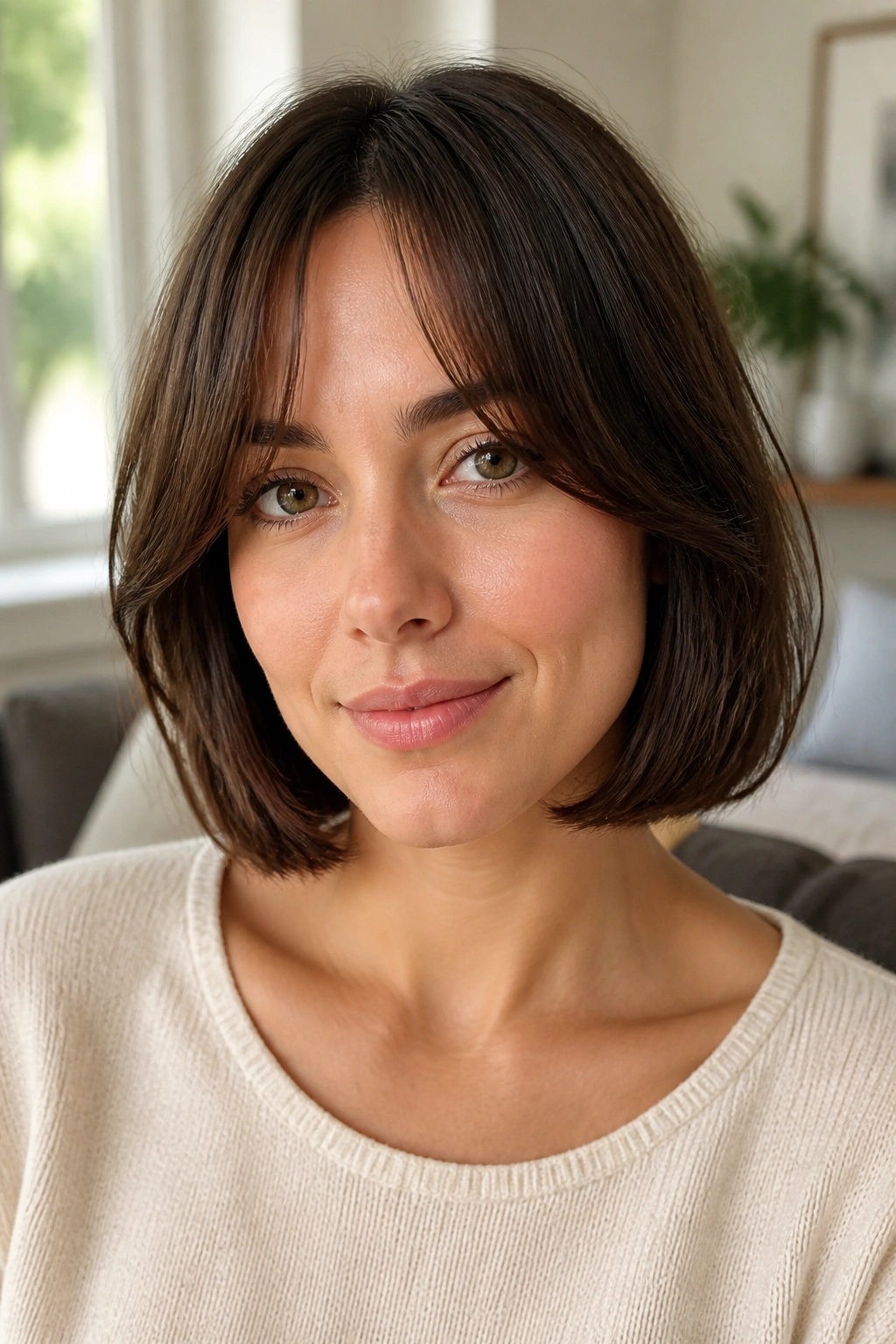 Close-up of a woman with curtain bangs and chin-length bob framing a big forehead