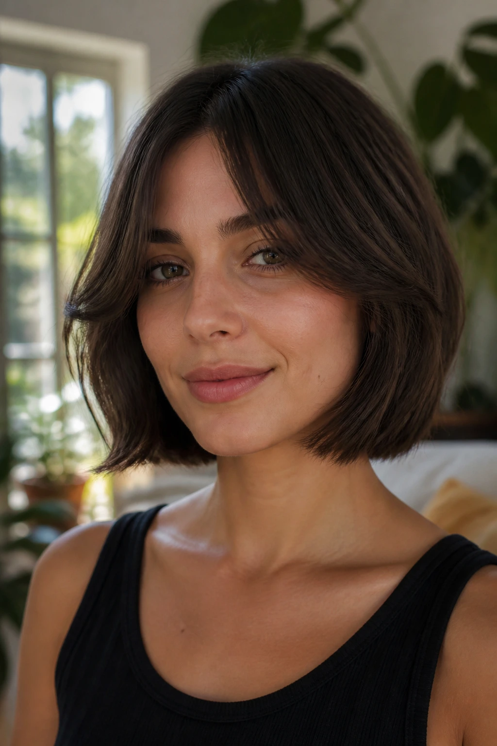 Woman with curtain bangs bob portrait in a window-lit living room
