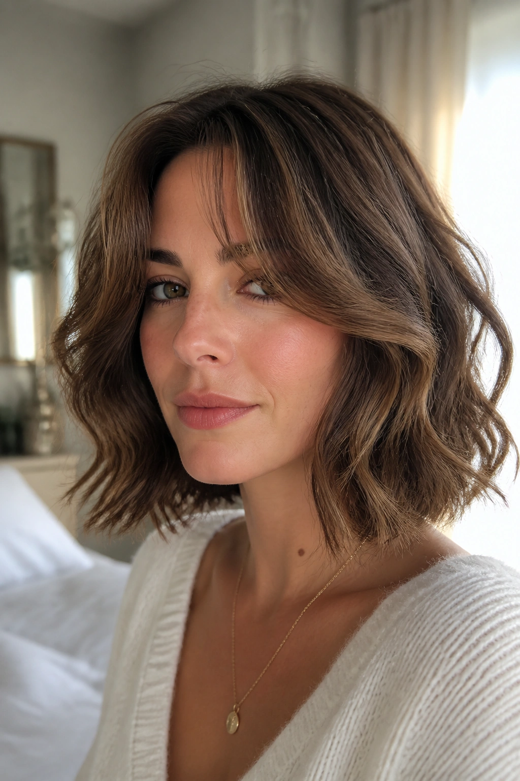 Real woman with curtain-bang bob and loose waves.