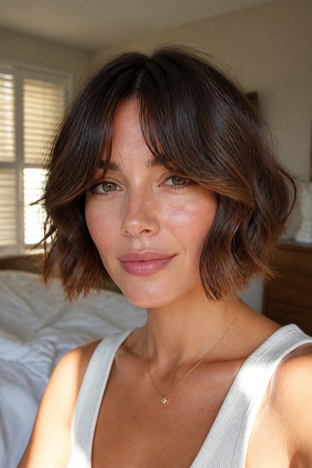 Close-up of a real woman with curtain bangs bob