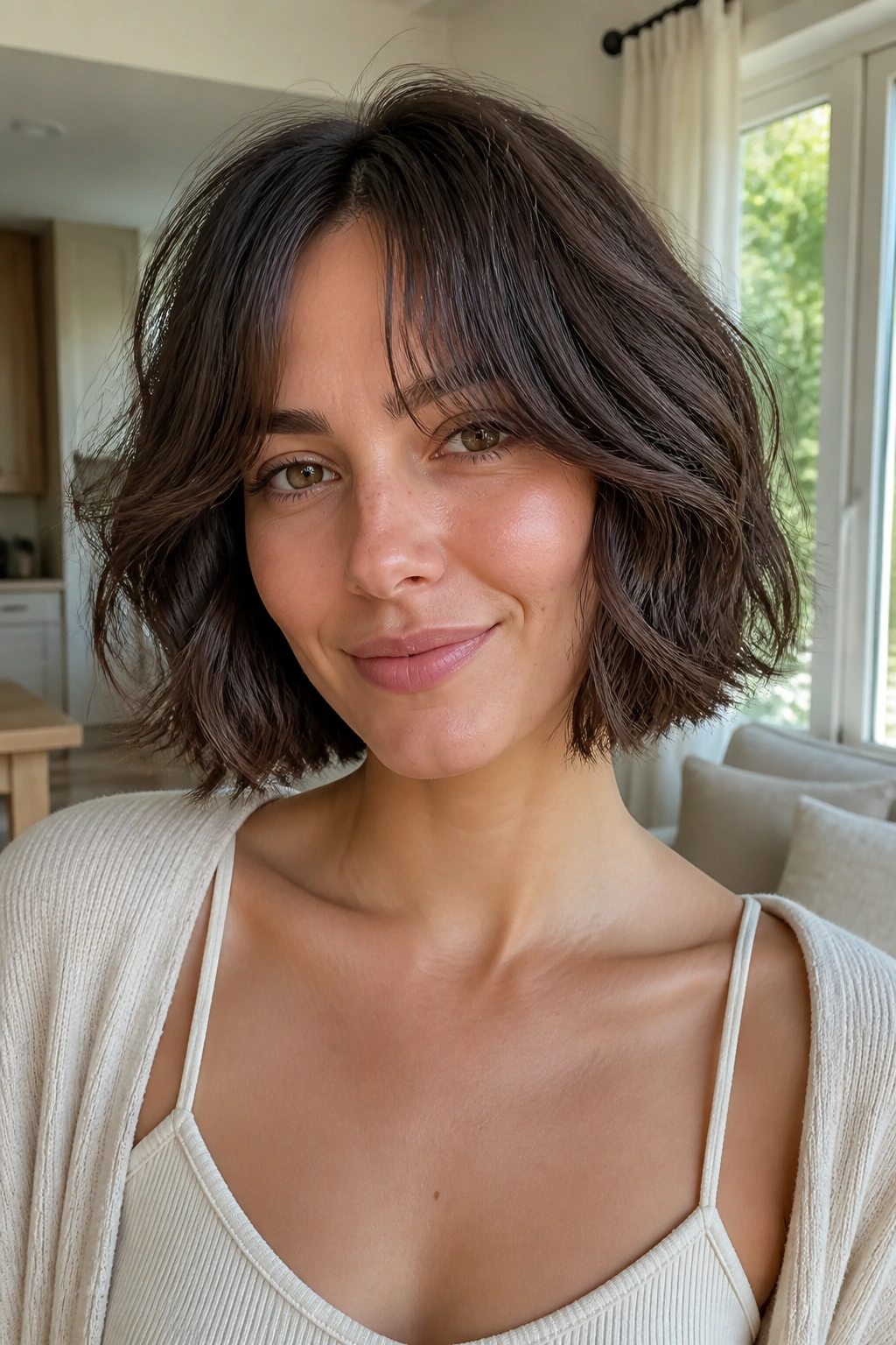 Close-up of a real woman with curtain bangs and a wavy bob.