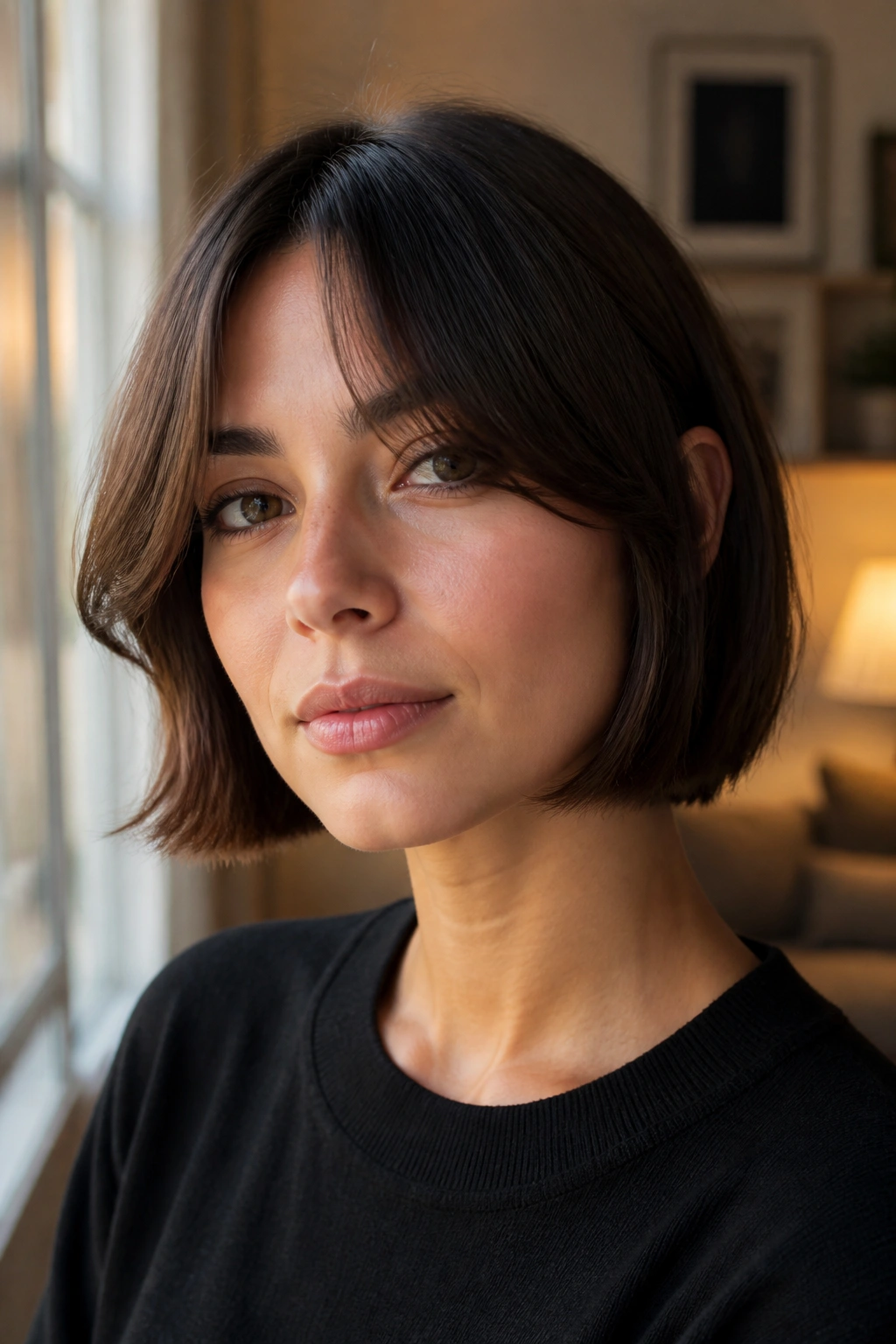 Real woman with curtain bangs French bob on straight hair in a window-lit room