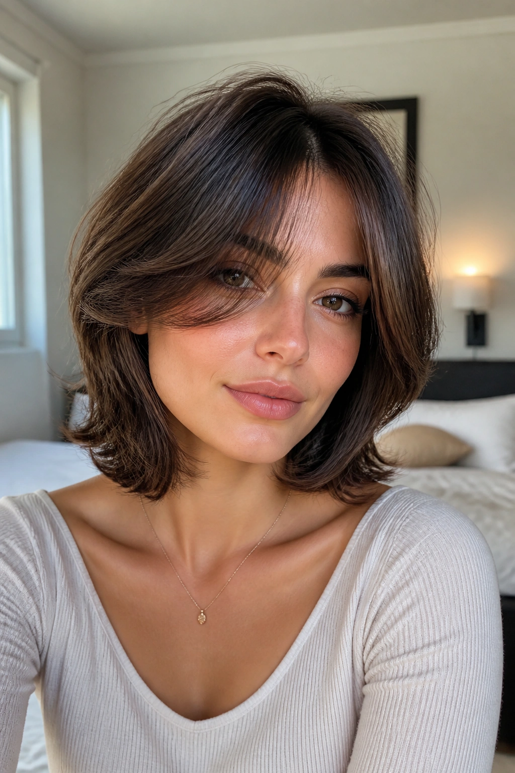 Real woman with curtain-bang layered bob and side-swept bangs