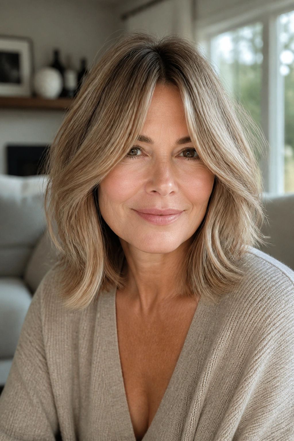 Close-up portrait with curtain bangs and lob on a woman over 40