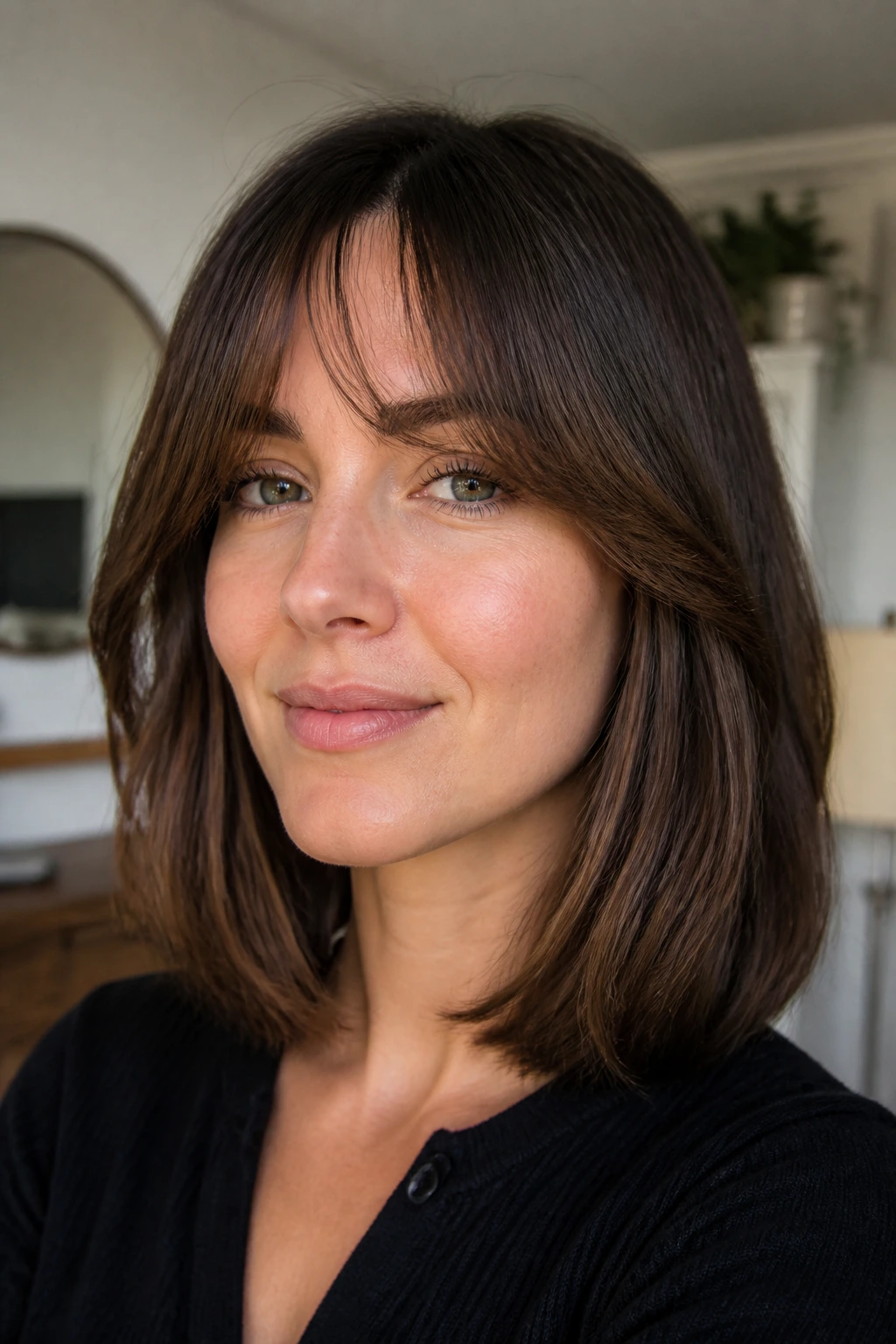 Close-up portrait of a real woman wearing a curtain-bang lob hairstyle.