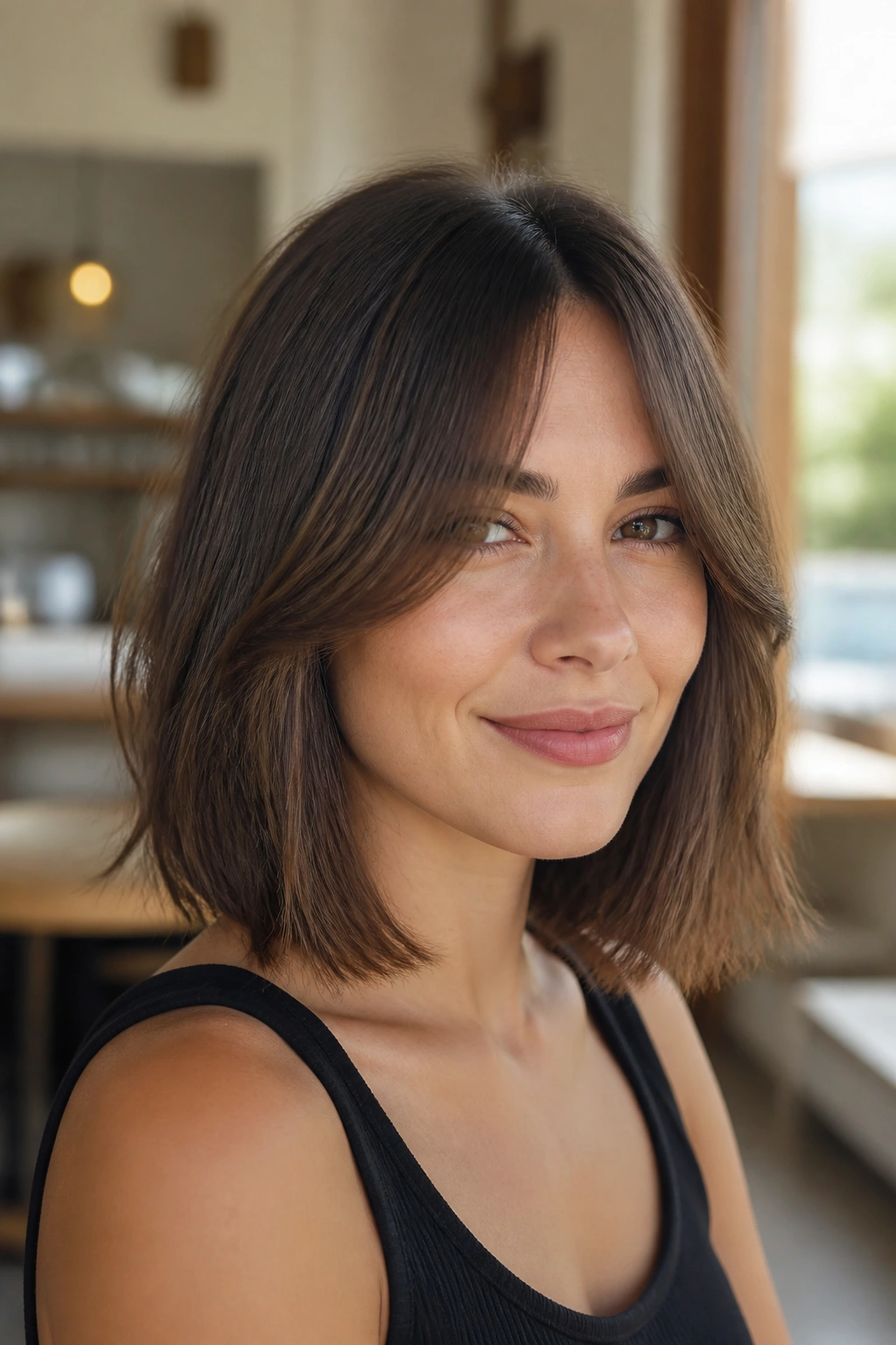 Real woman with curtain bangs and shoulder-length lob opening the face.