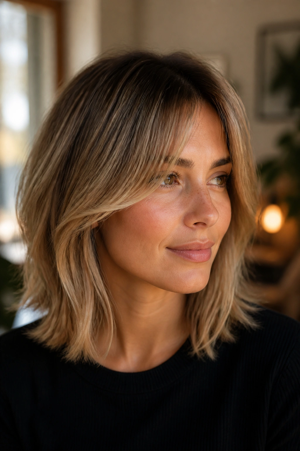 Portrait of a real woman with a curtain-bang lob and cheekbone-length bangs