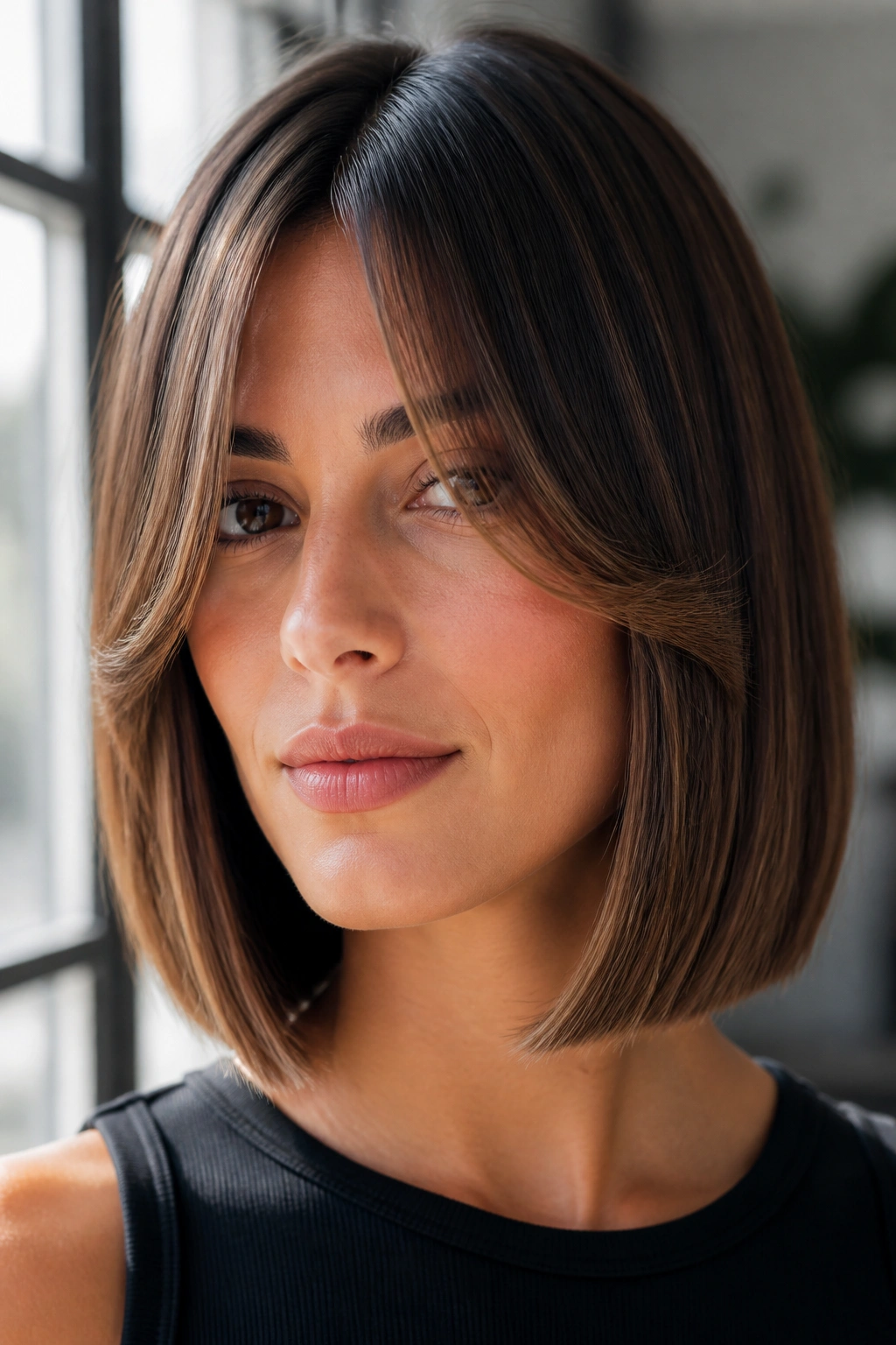 Close-up of a real woman with curtain bangs and a polished straight lob