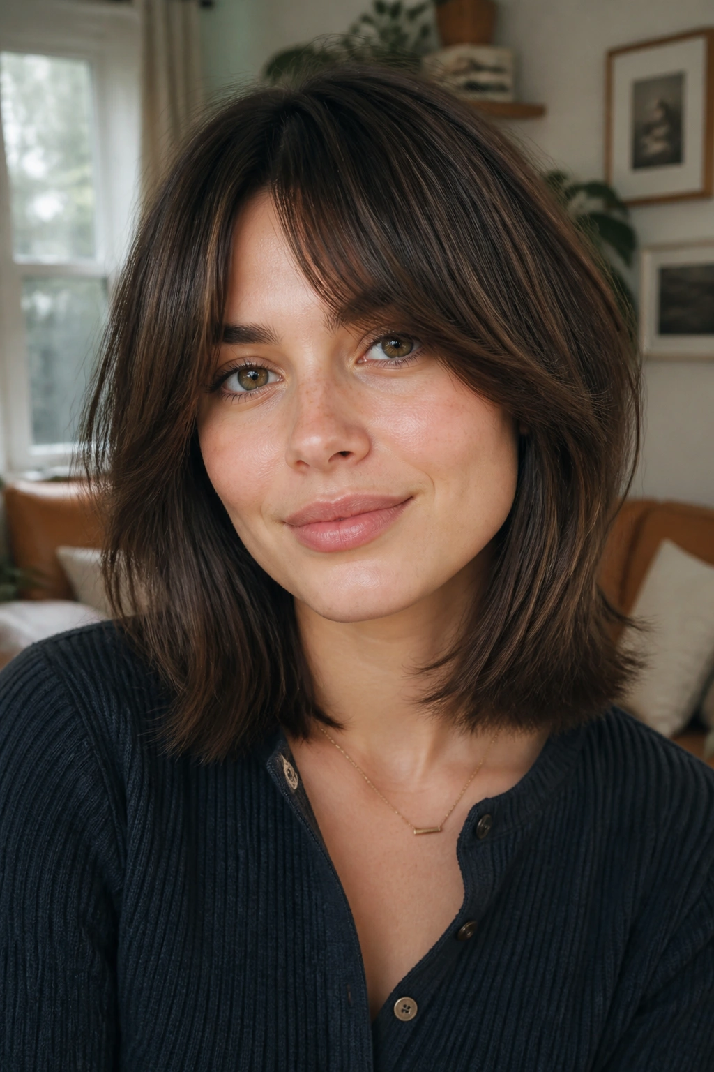 Close-up of a real woman with curtain bangs and lob hairstyle