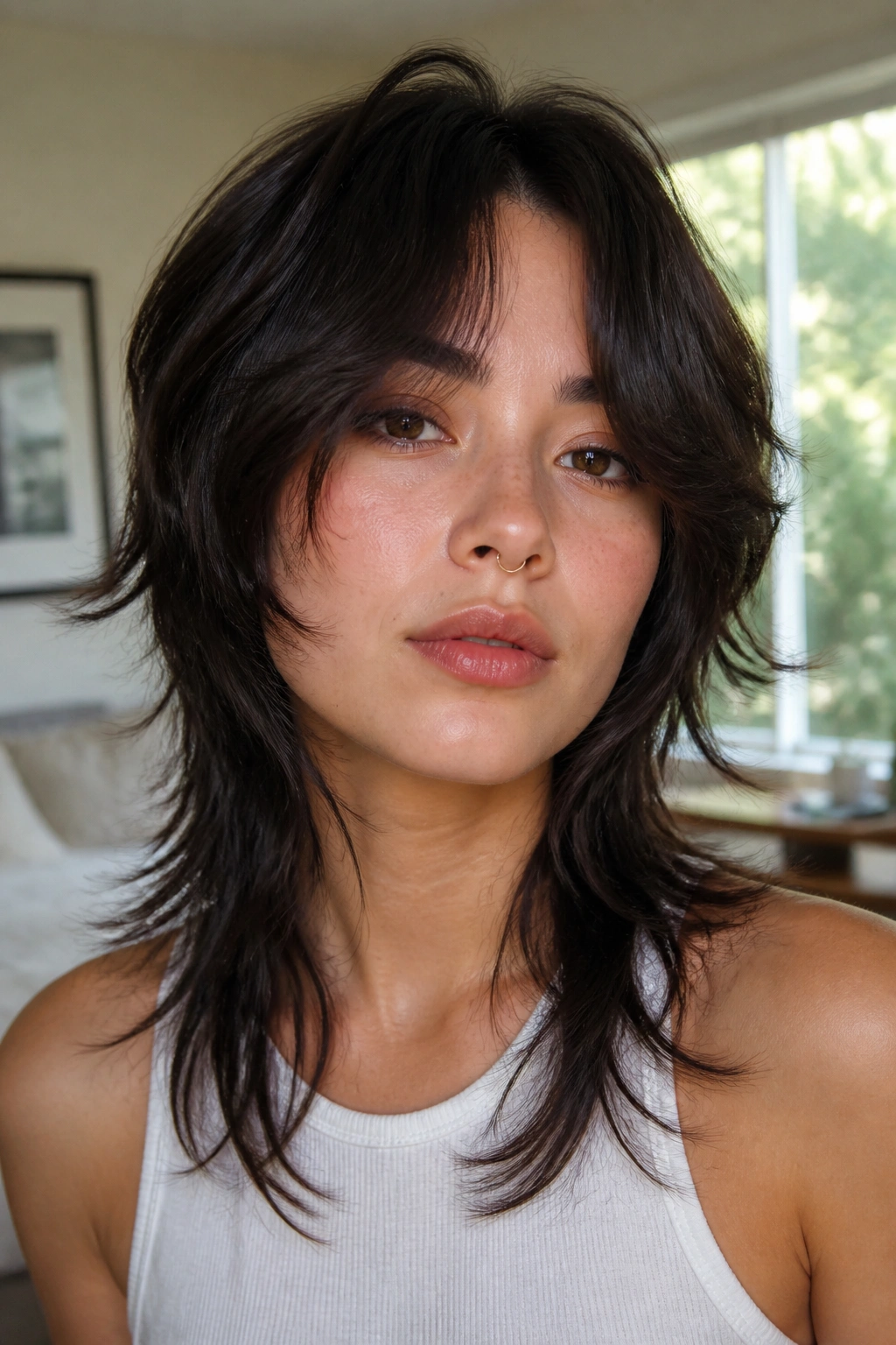 Close-up portrait of a real person with curtain bangs blending into mullet layers.