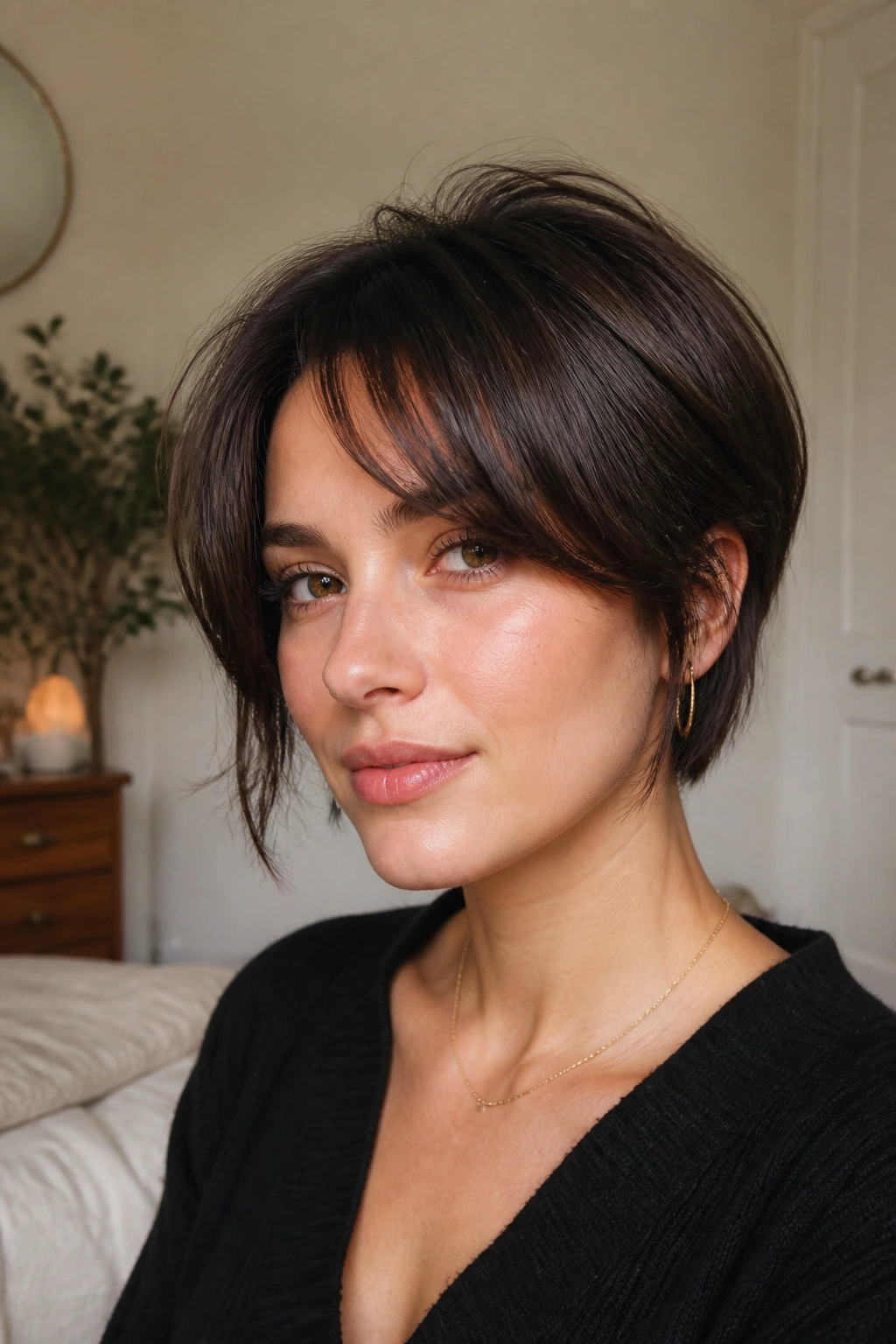 Close-up portrait of a real woman with curtain-bang long pixie transitioning toward a bob in natural window light