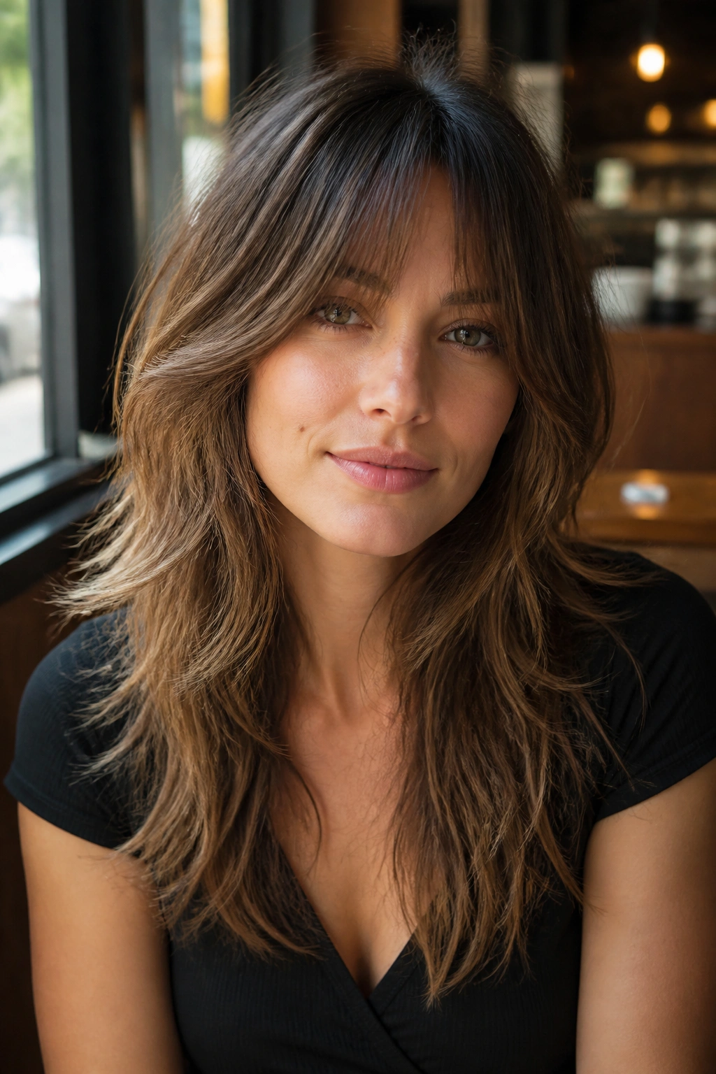 Portrait of a real woman with curtain bangs and shag layers in a cafe window light