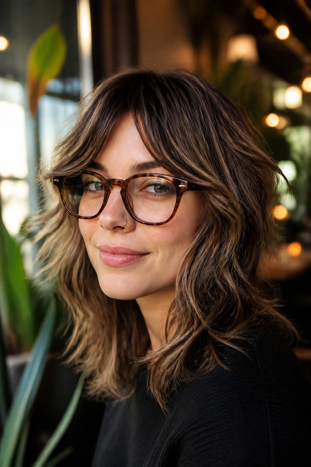 Close-up of woman with curtain-bang shag softening strong frames