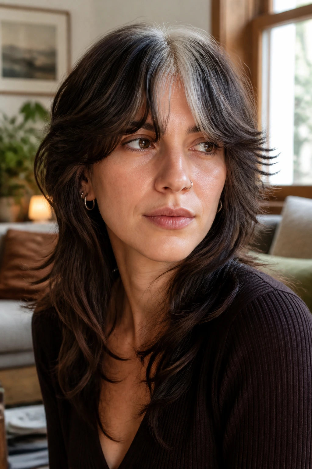 Close-up portrait of a real woman with curtain-bang shag and frosted stripe in dark brown hair