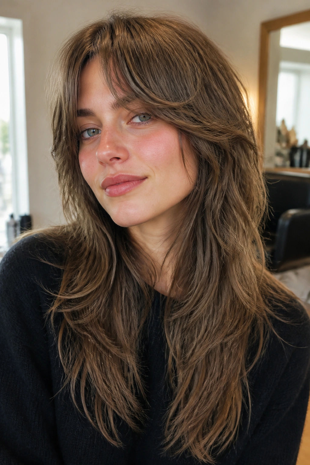 Close-up of a real woman with curtain-bang long shag and face-framing layers in natural light