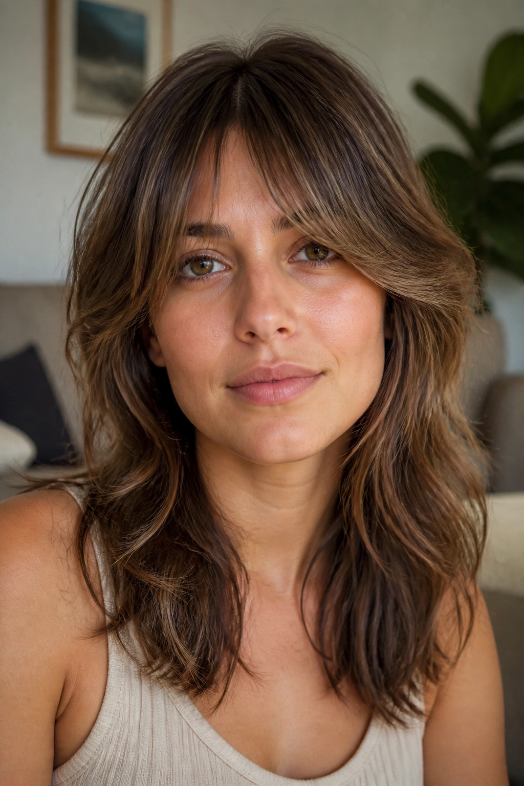 Portrait of a real woman with Curtain Bang Shag and mid-face framing