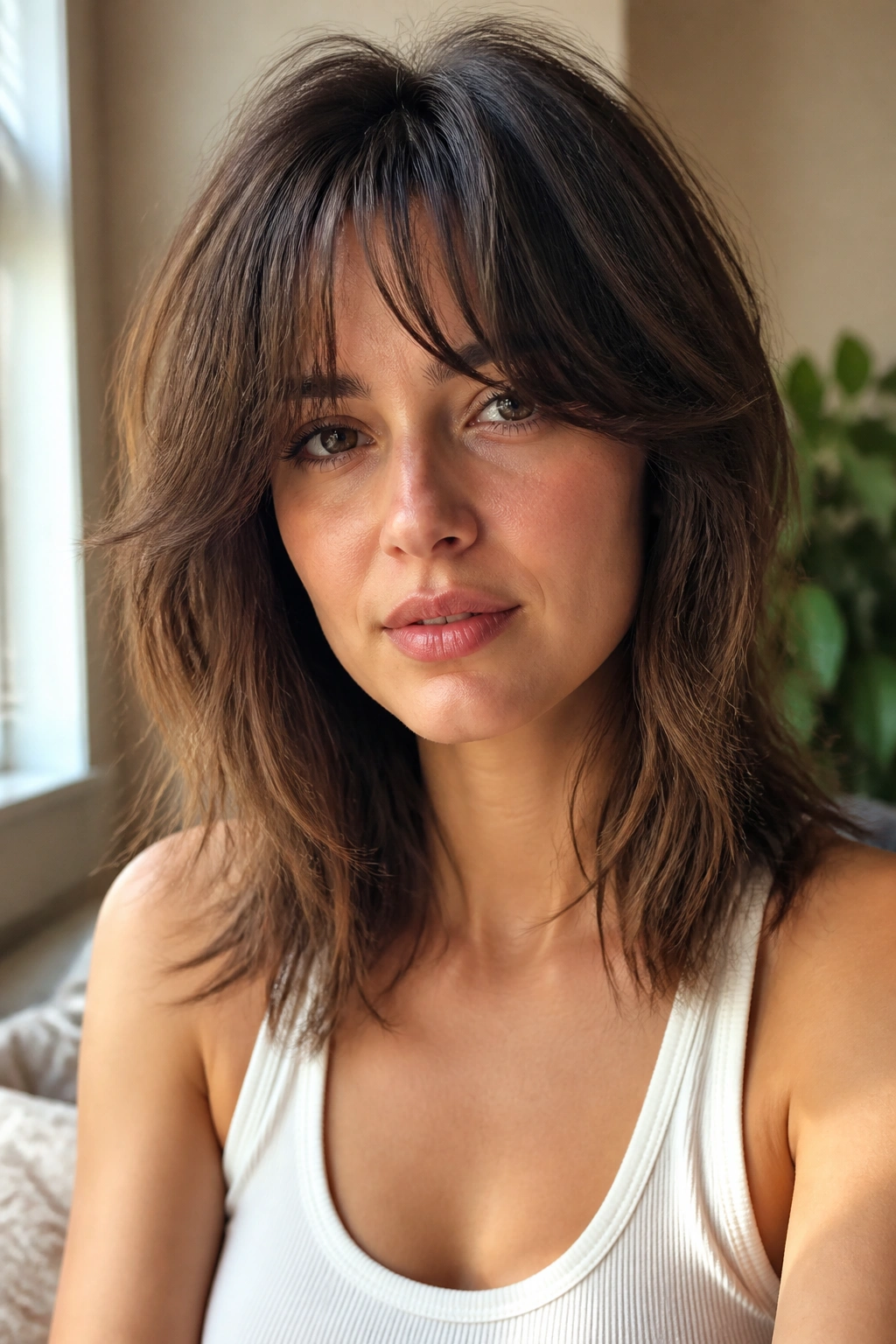 Close-up portrait of a real woman with the classic curtain-bang shag hairstyle