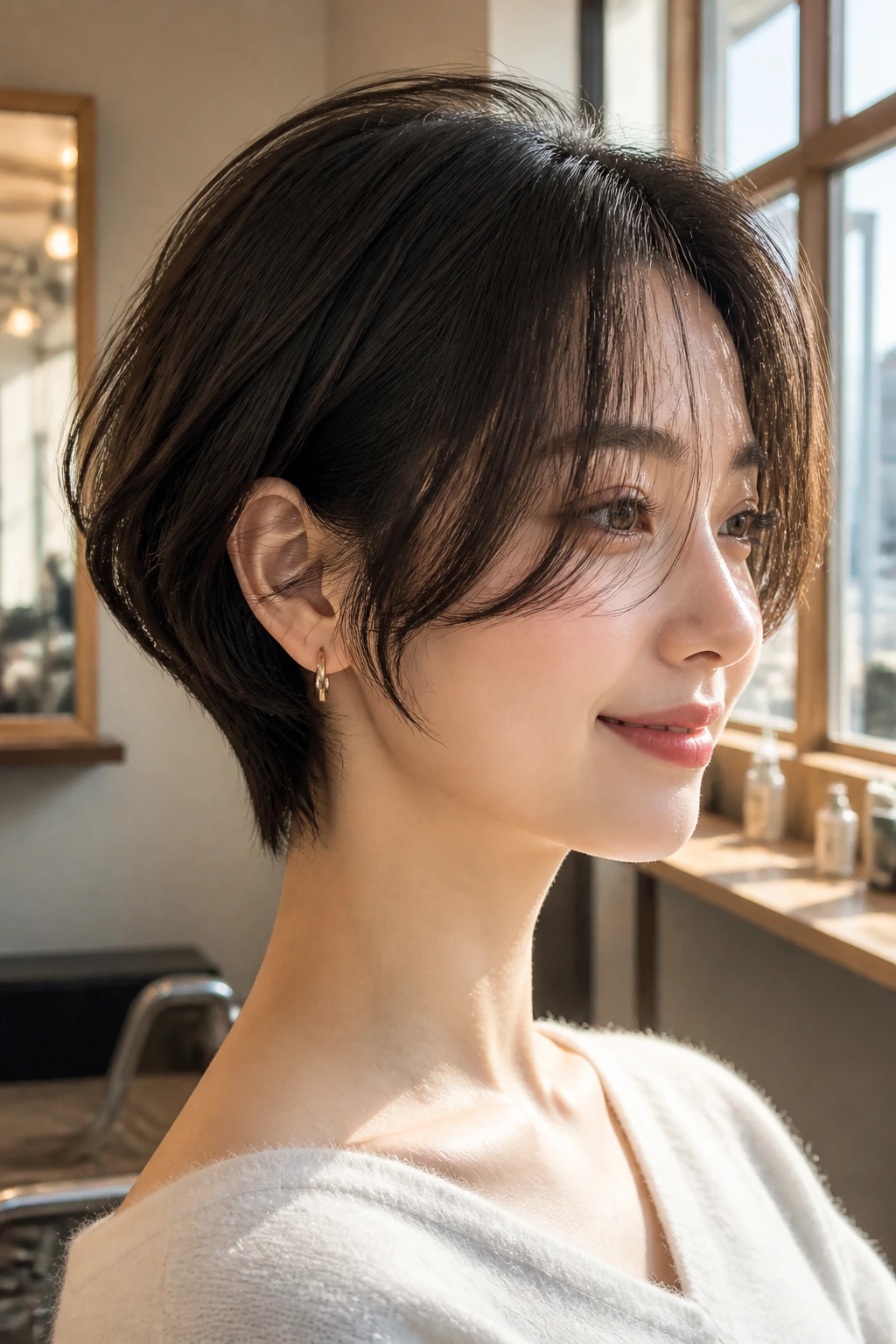 Close-up portrait of a real woman with curtain bangs and soft neckline