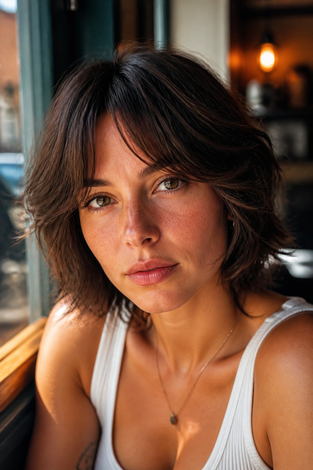 Close-up of a real woman with curtain bangs and short shag framing the face