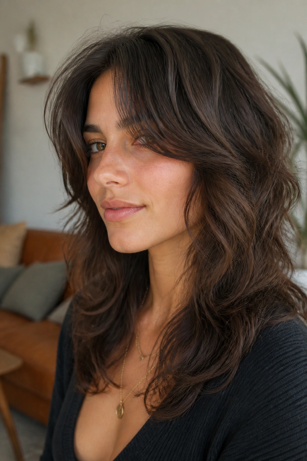 Close-up of a real person with Curtain-Bang Wolf Cut featuring long curtain bangs and blended wolf-cut layers.