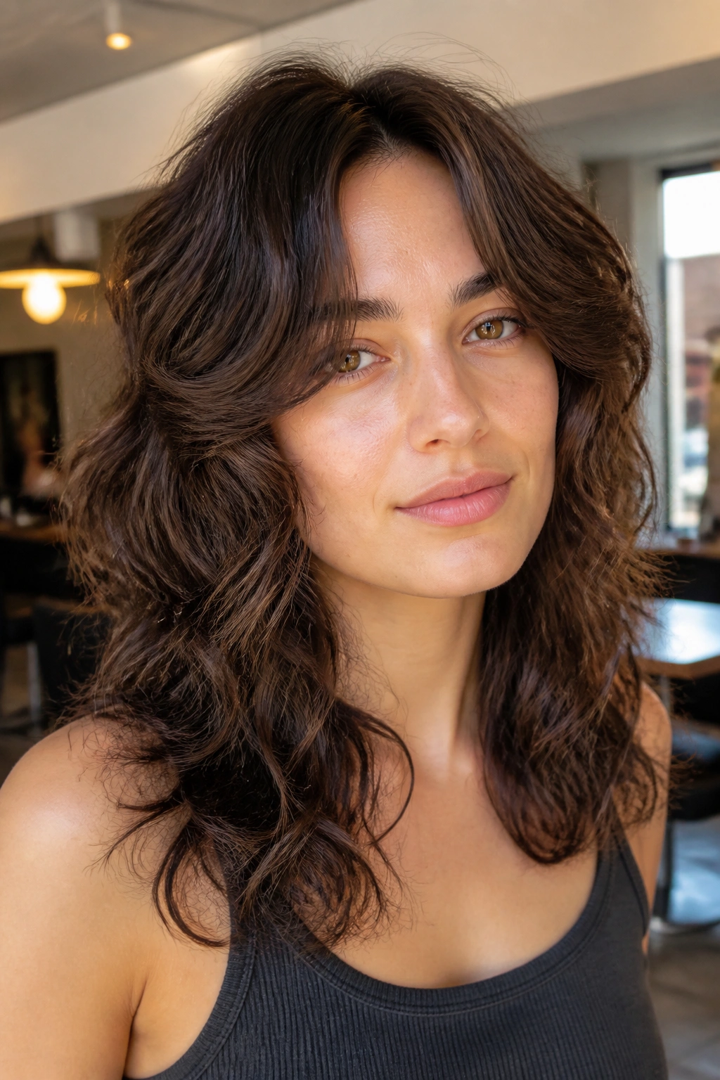 Close-up of a real person with curtain bangs and wolf cut for thick waves, bangs parted softly.