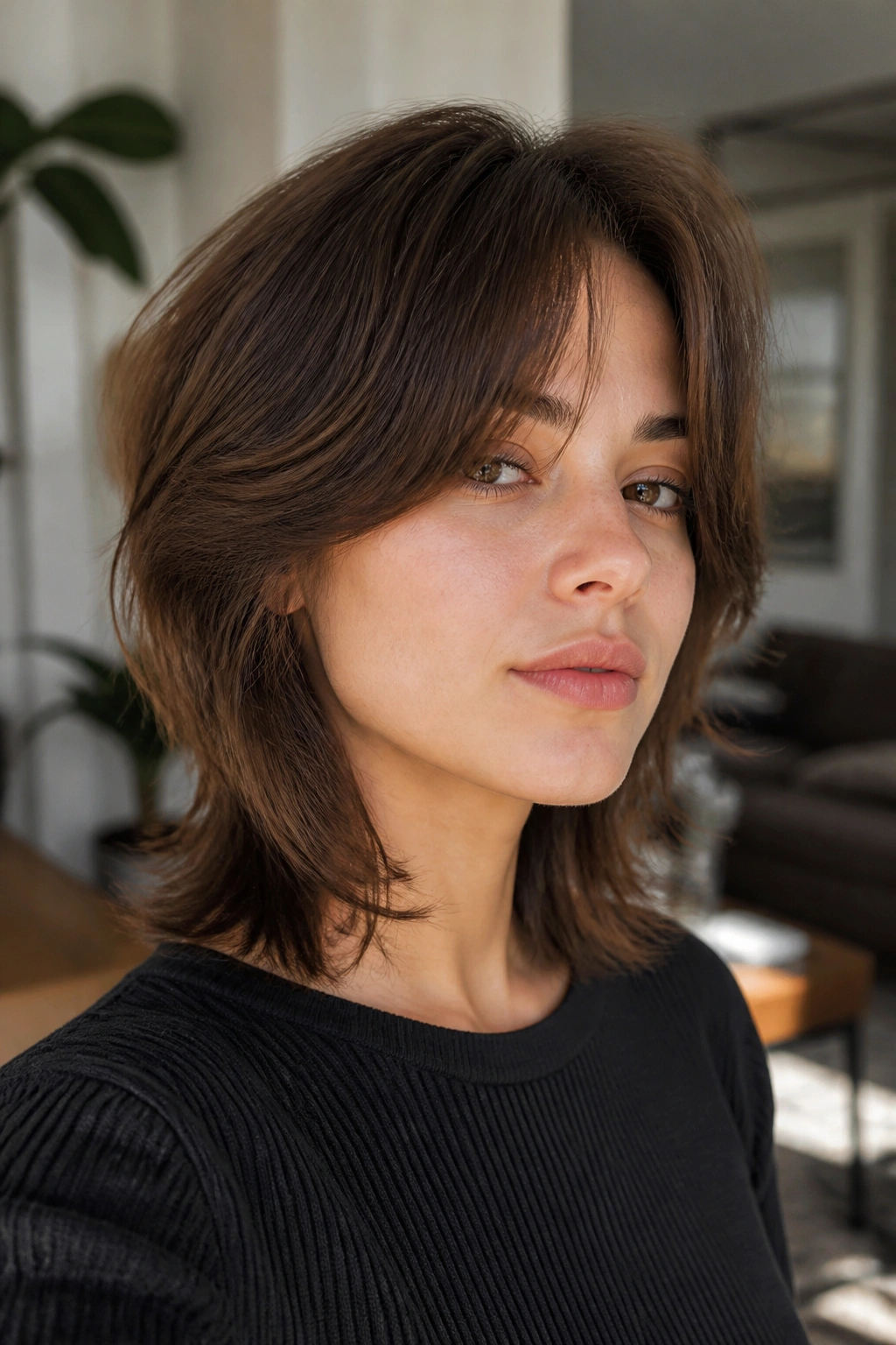 Portrait of a real woman with curtain bangs and wolf cut, bangs swept aside.