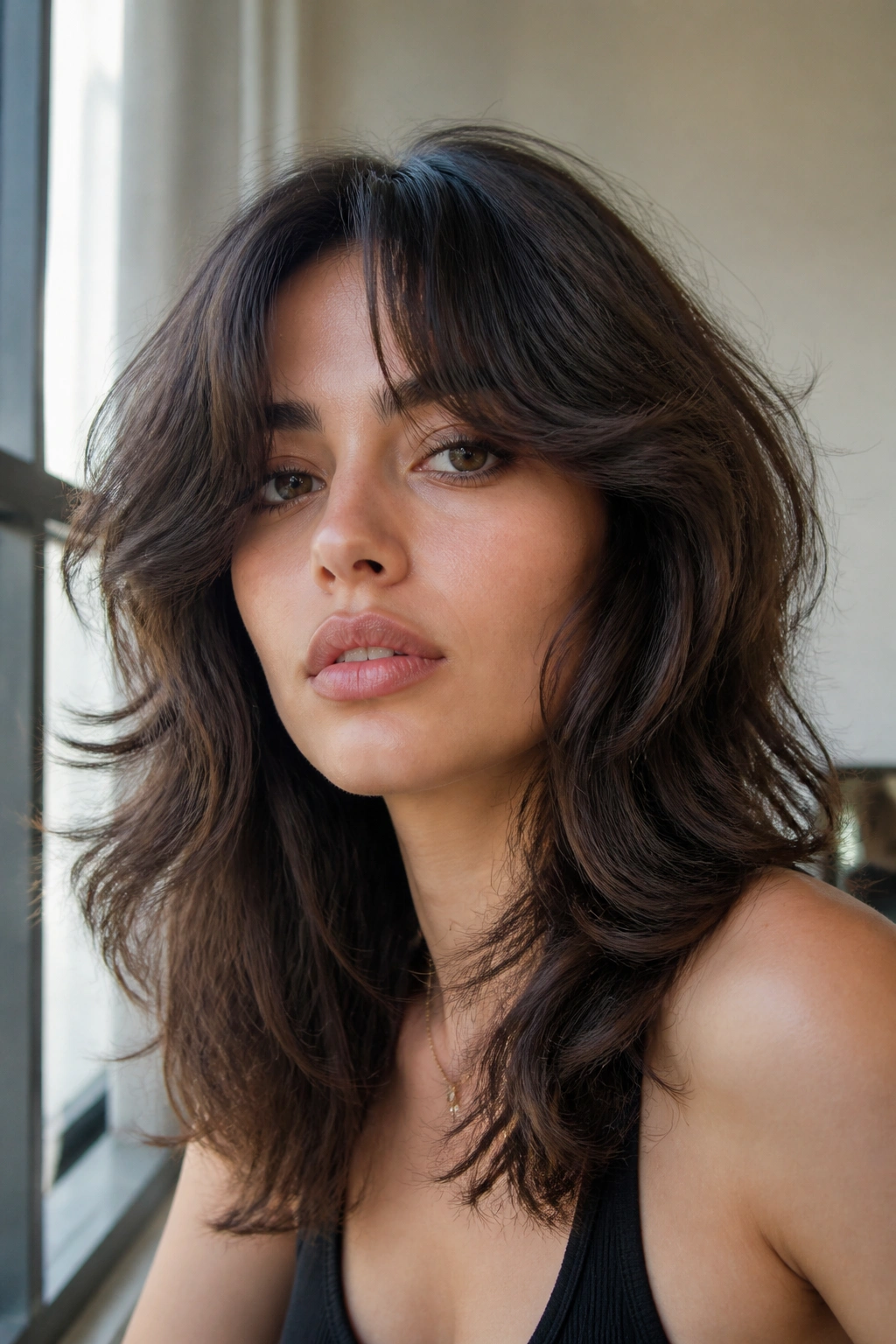 Close-up of a real woman with curtain bang wolf cut and soft facial framing.