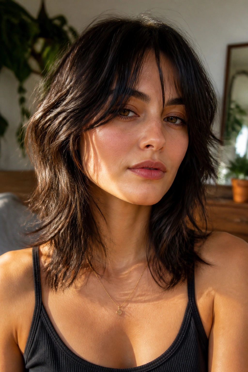 Close-up portrait of a real woman with curtain bang wolf cut and cheekbone-framing fringe