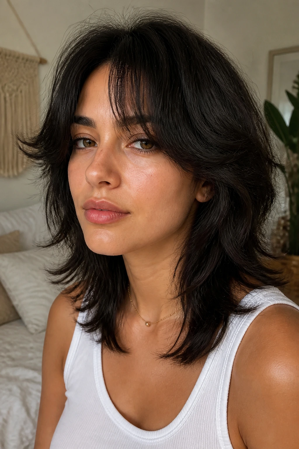 Close-up of a real woman with Curtain Bang Wolf Cut with Tapered Ends, natural window light.