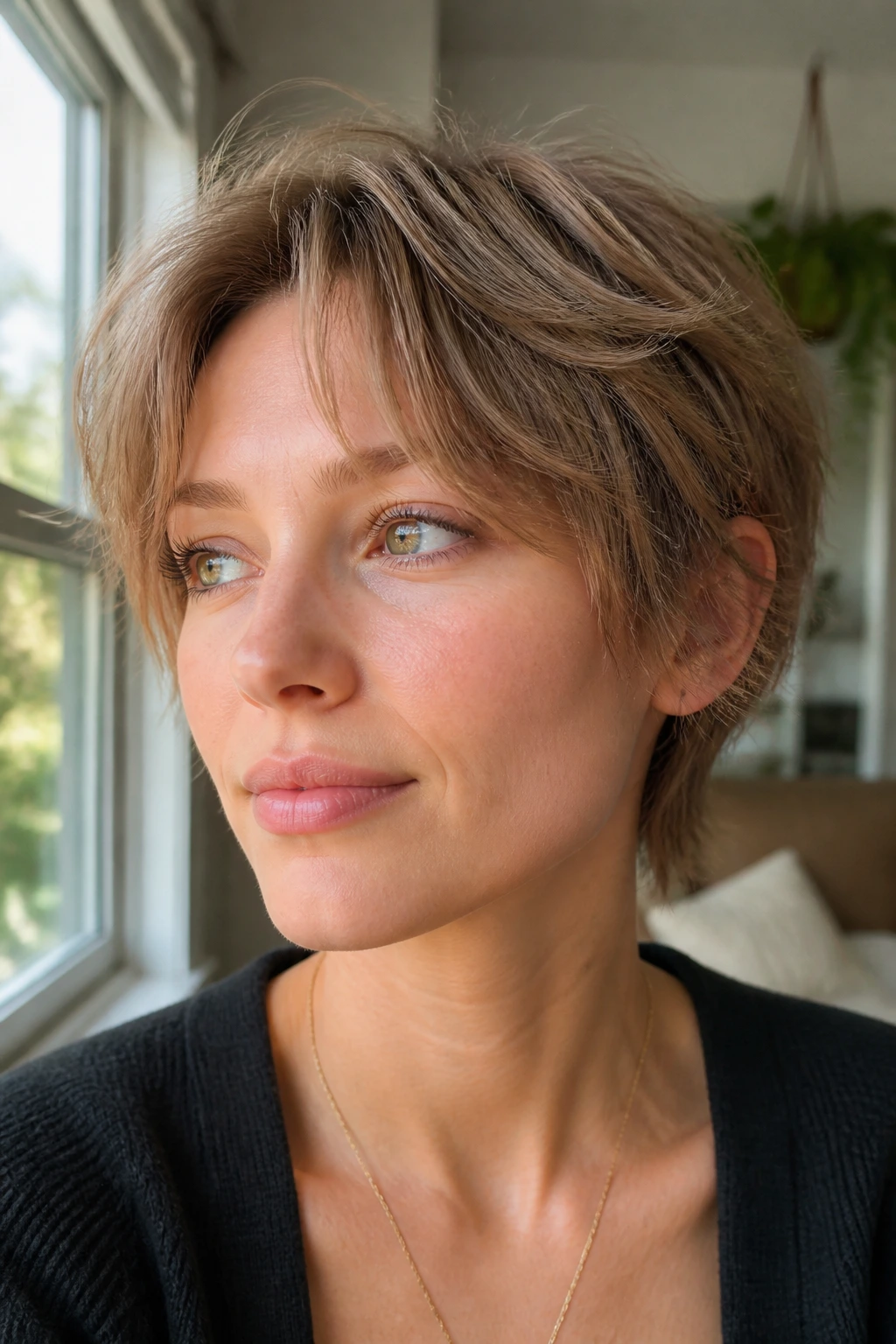 Close-up portrait of a real woman with curtain bangs blending into a wolf pixie in a living room light.
