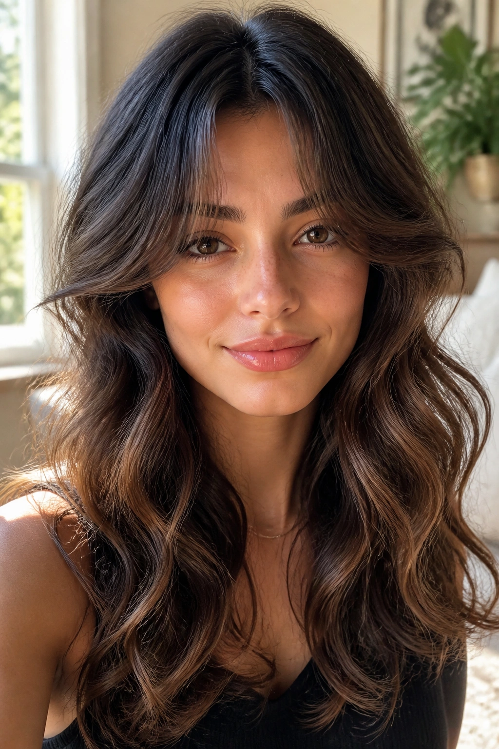 Real woman with curtain bangs and airy curl ends framing the face