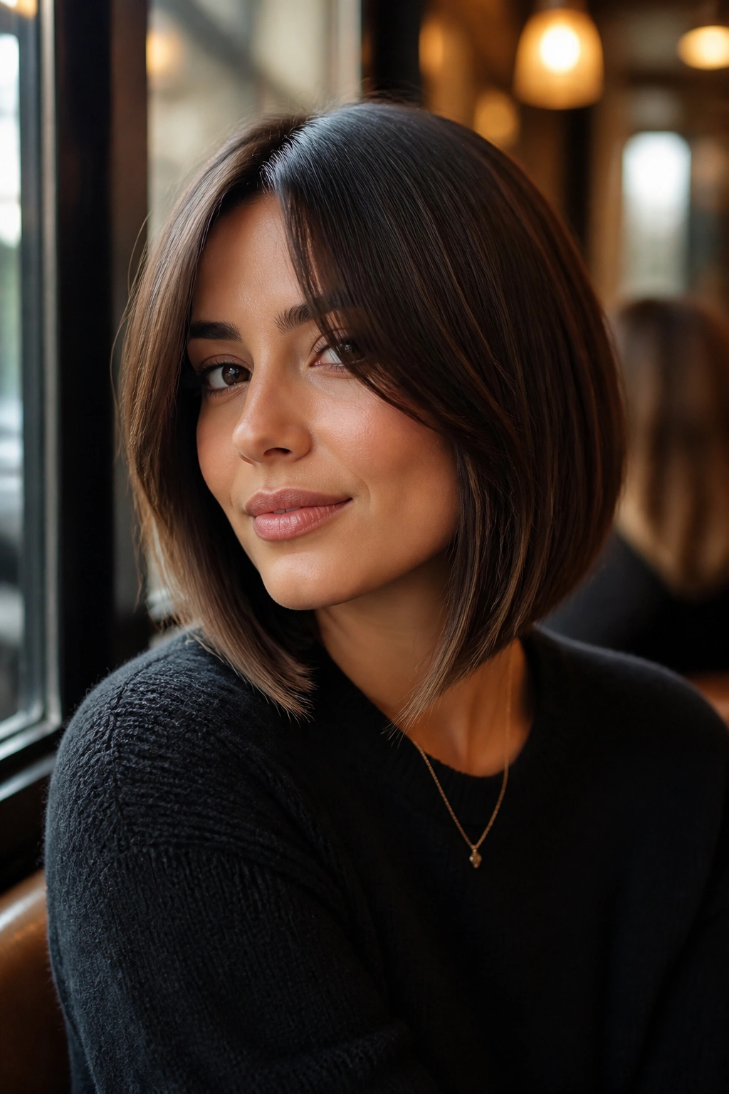 Angled bob with curtain bangs on real person