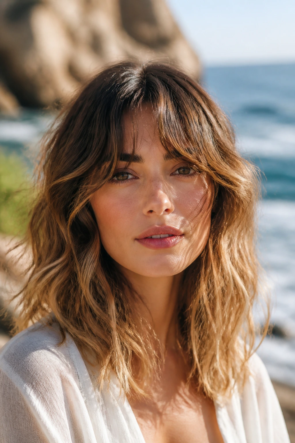 Real woman with curtain bangs and beach waves outdoors in sunny conditions.