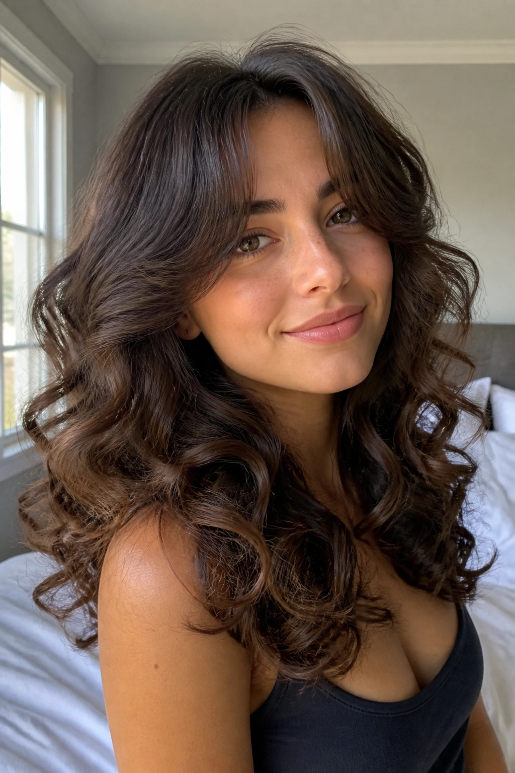 Portrait of a woman with curtain bangs and big curls by window light