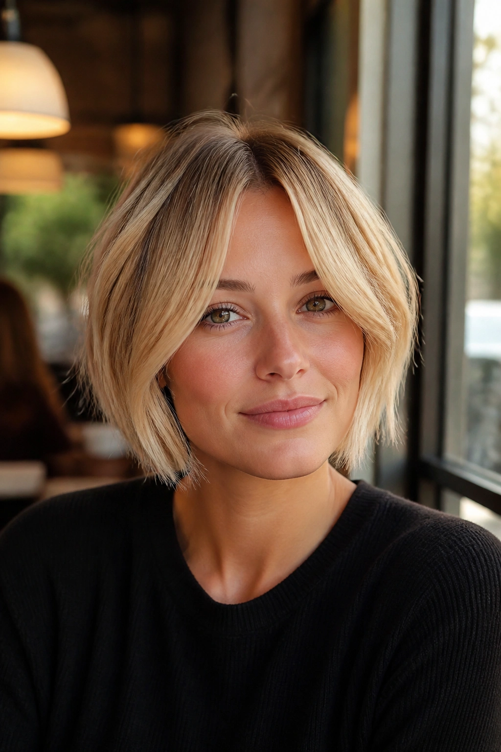 Real woman with blonde bob and curtain bangs close-up portrait