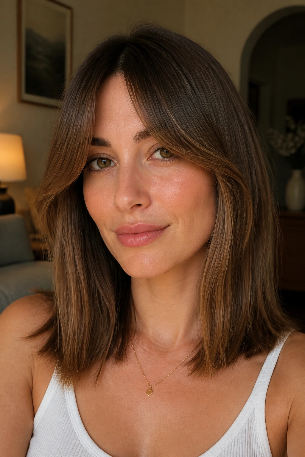 Close-up portrait of a real woman with a blunt mid-length cut with curtain bangs.