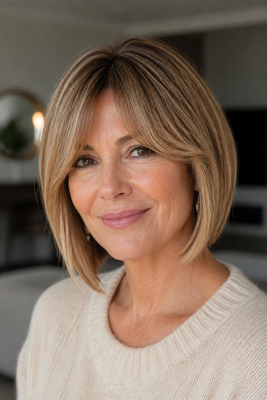 Close-up portrait of real woman with curtain bangs blending into a bob