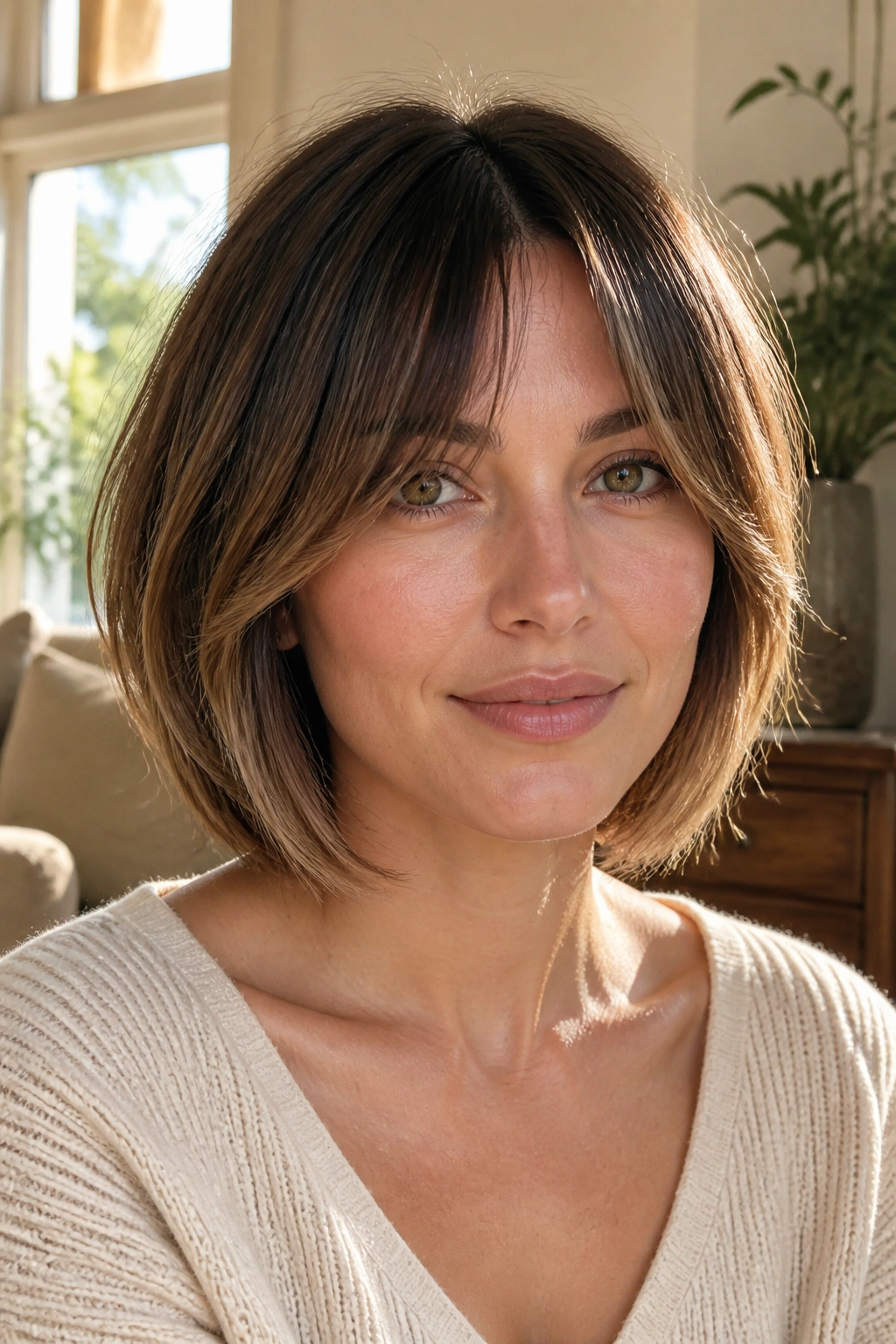 Real woman with curtain bangs bob and center-parted bangs.