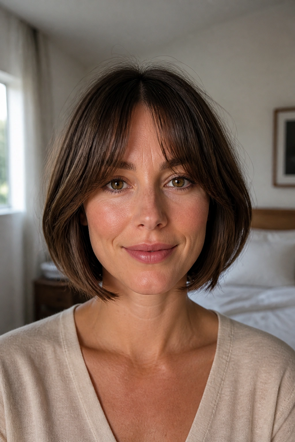 Front portrait of a real woman with curtain bangs and a bob.