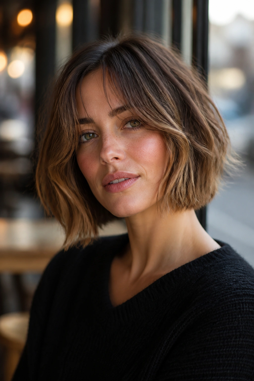 Portrait of a real person with curtain bangs framing cheekbones in a choppy bob