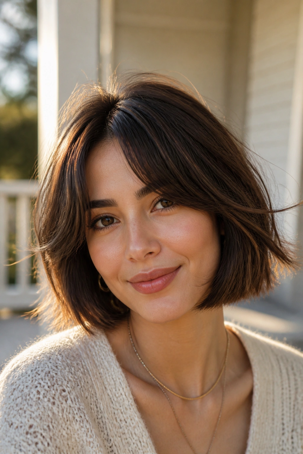 Portrait of a real woman with curtain bang bob and soft movement outdoors