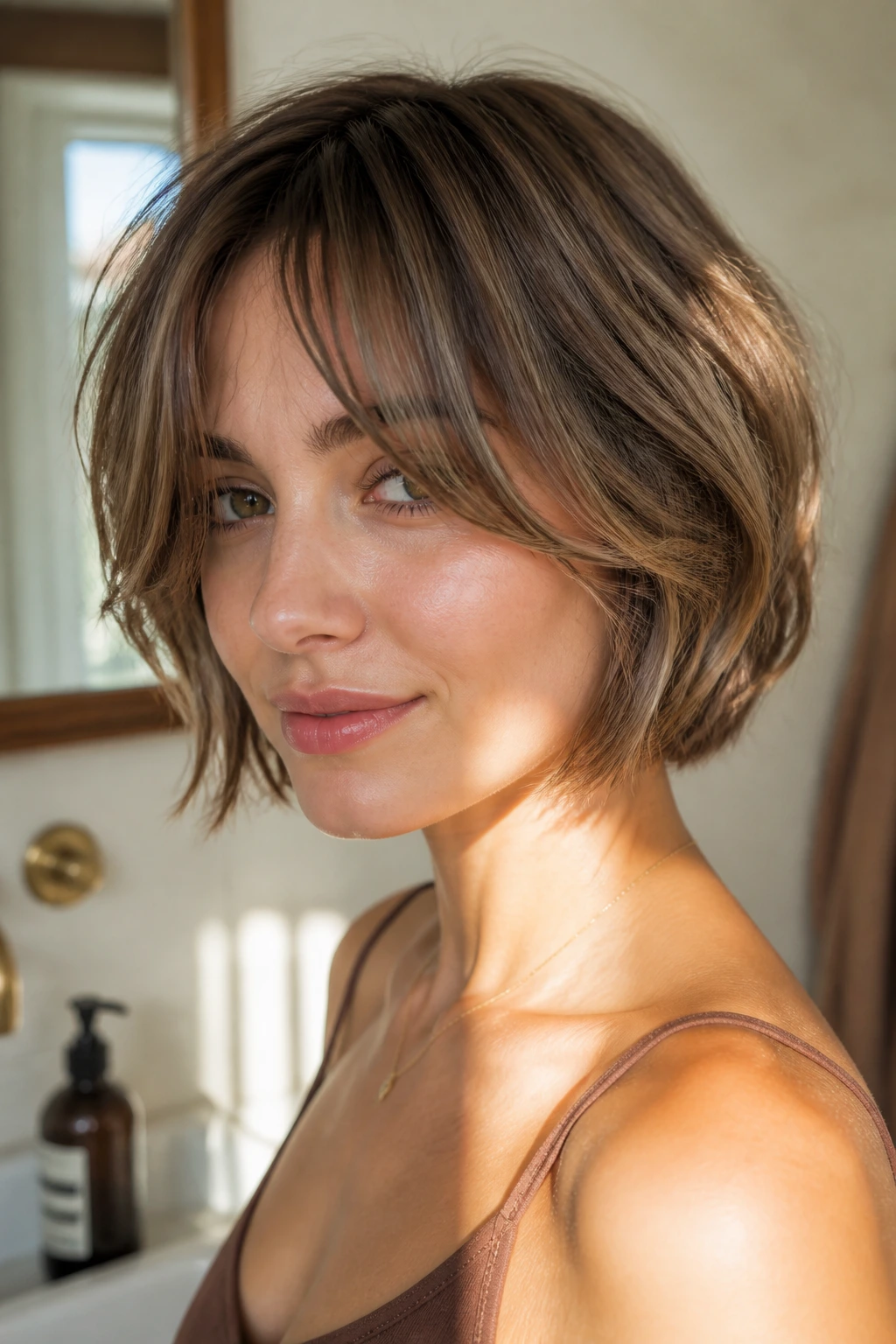 Close-up portrait of a real woman with curtain bangs and broken-up layers in a bob.