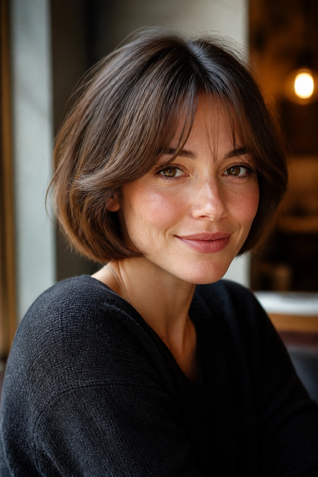 Portrait of real woman with curtain bangs and bob at cafe window.