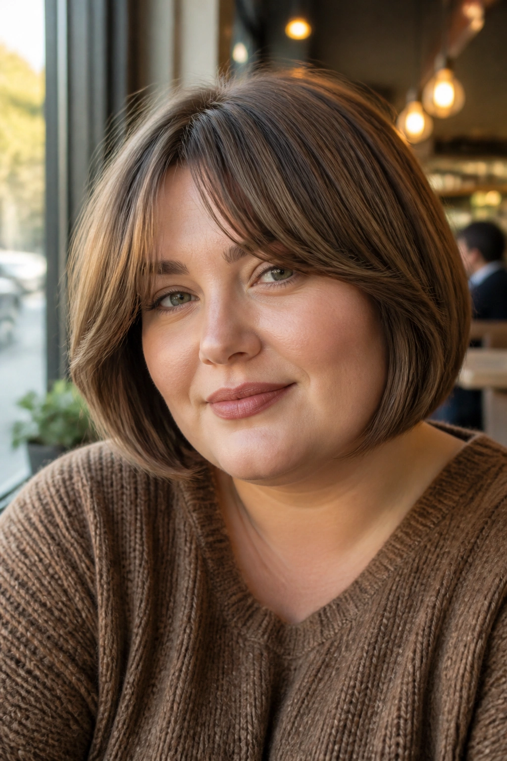Close-up portrait of a real woman with curtain bangs on a bob