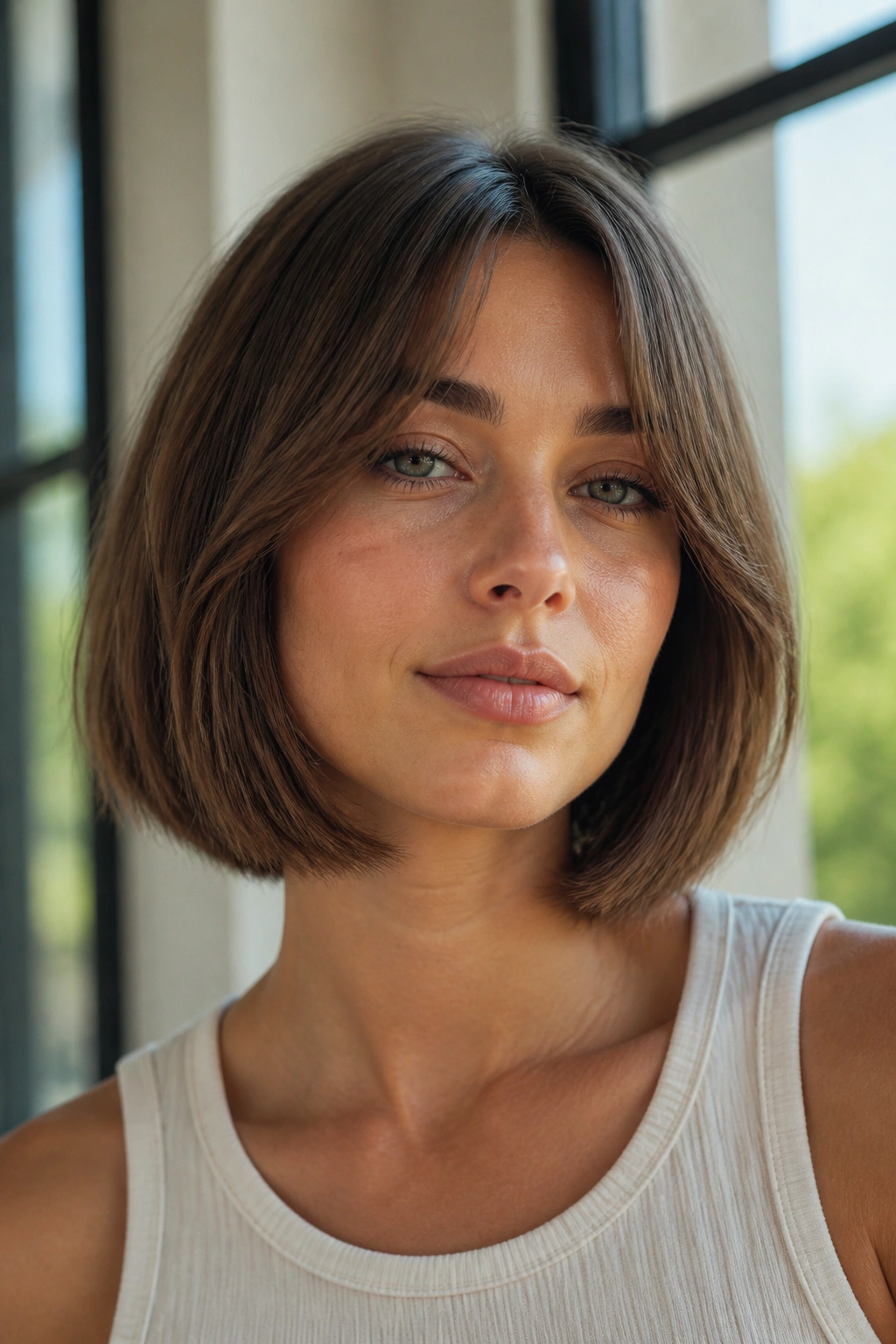 Close-up of a real woman with curtain bangs bob