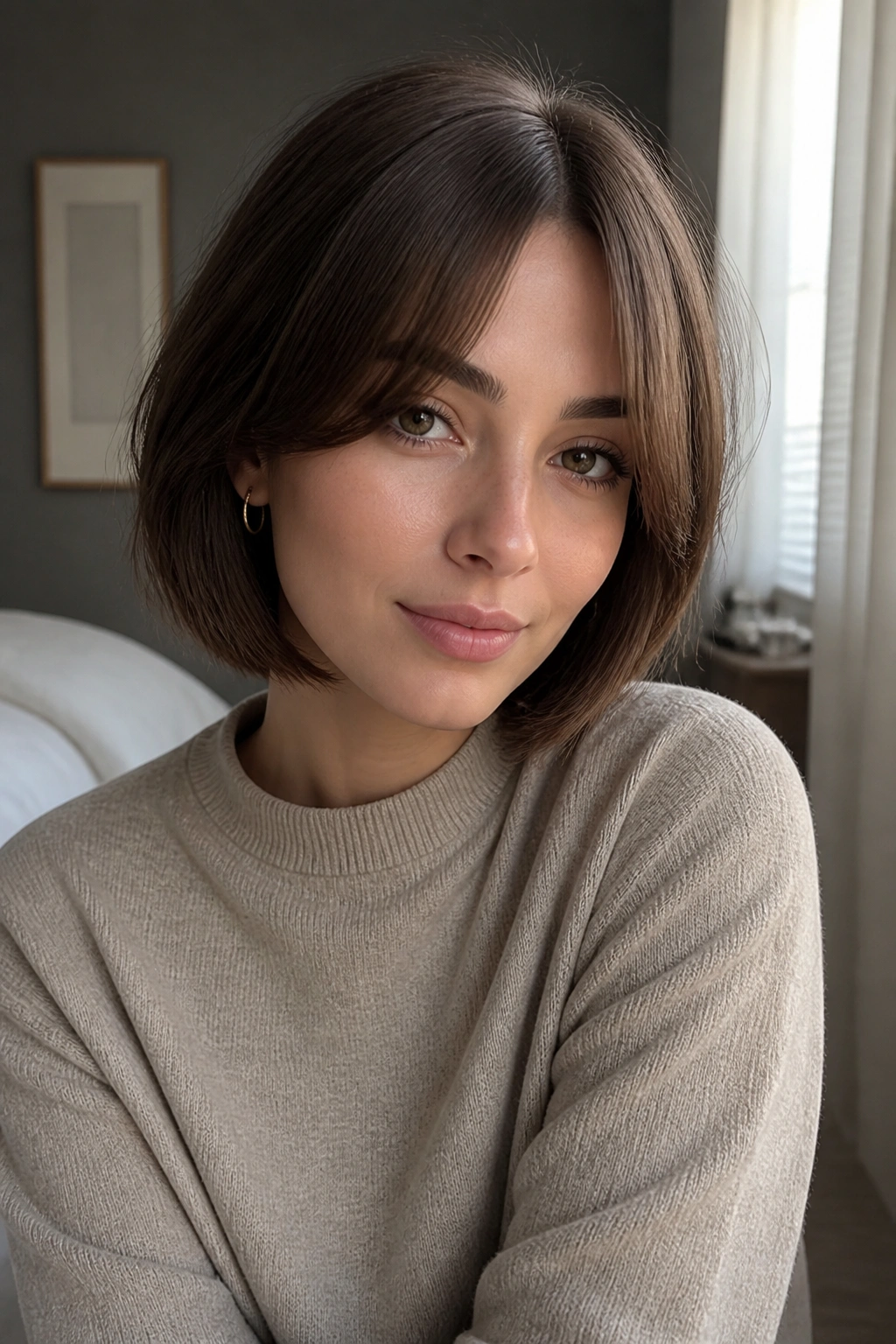 Close-up portrait of a real woman with curtain bangs and a chin-length bob.