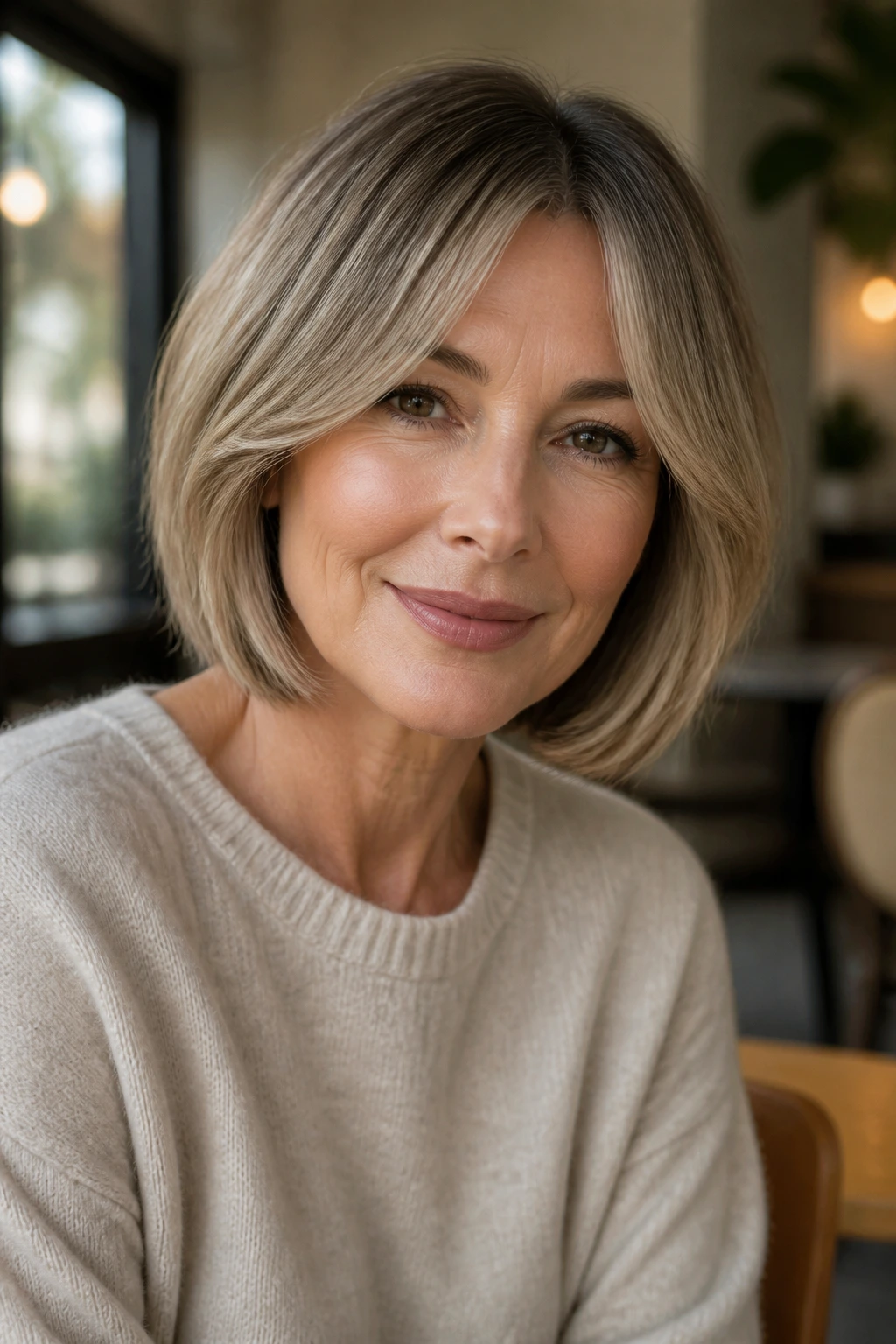 Real woman with bob and curtain bangs, soft forehead, frontal portrait