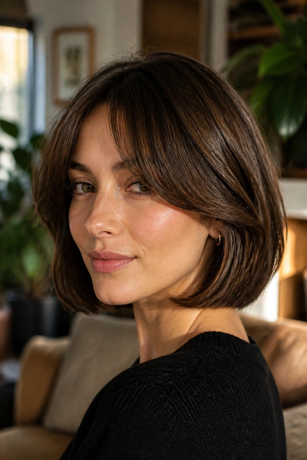 Close-up of a real woman with curtain bangs in a cozy living room
