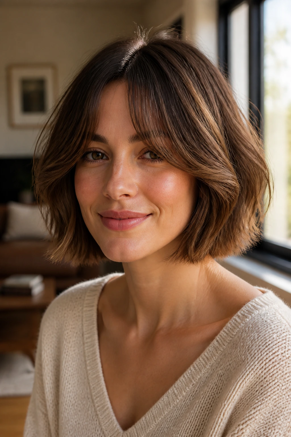 Close-up of a real woman with curtain bangs and textured bob