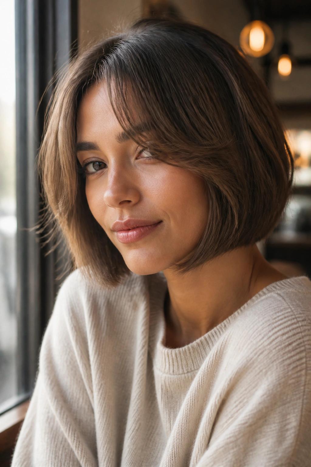 Close-up of a real woman with curtain bangs and a bob in soft daylight.